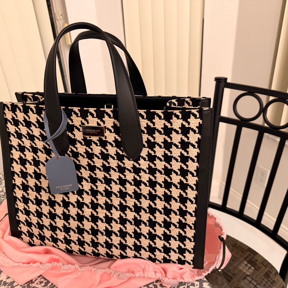 Kate Spade Black and Cream Houndstooth Tote Bag